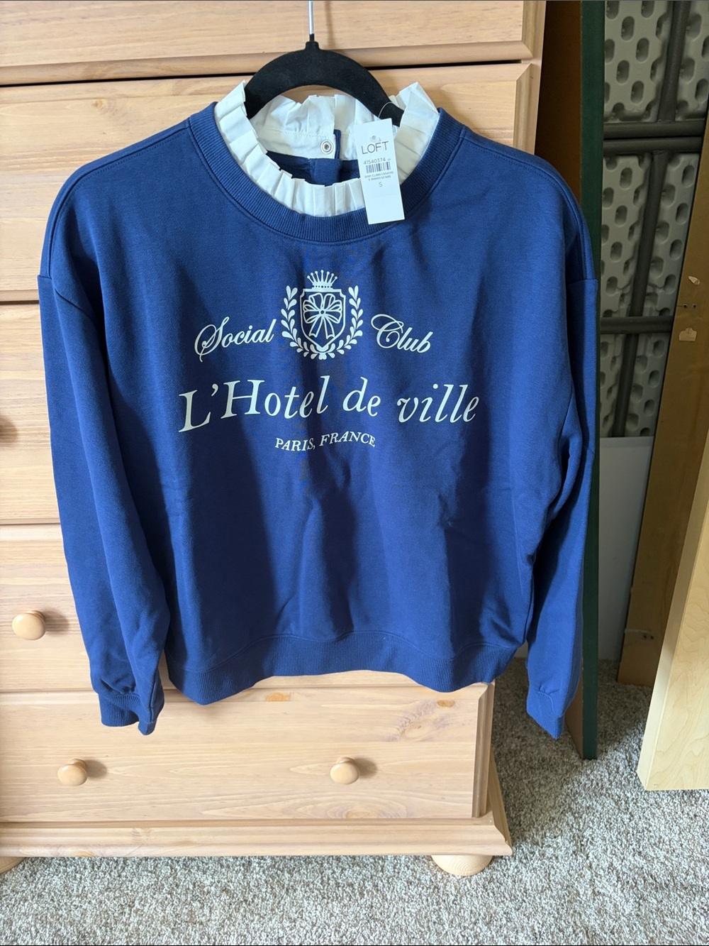 LOFT Navy Blue 'L'Hotel de ville' Graphic Crewneck with Ruffle Collar
